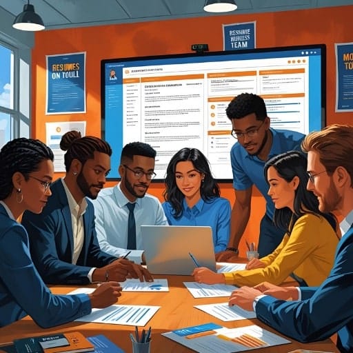 A diverse team reviewing resumes on a large screen during a meeting.