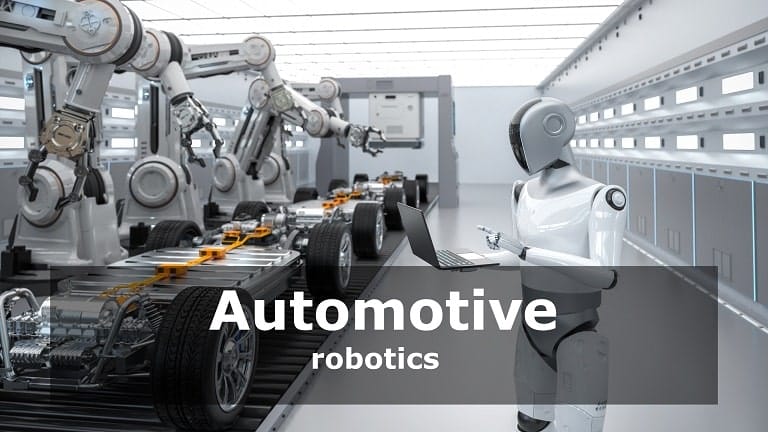 Advanced industrial robots performing precision assembly tasks on an automotive manufacturing line.