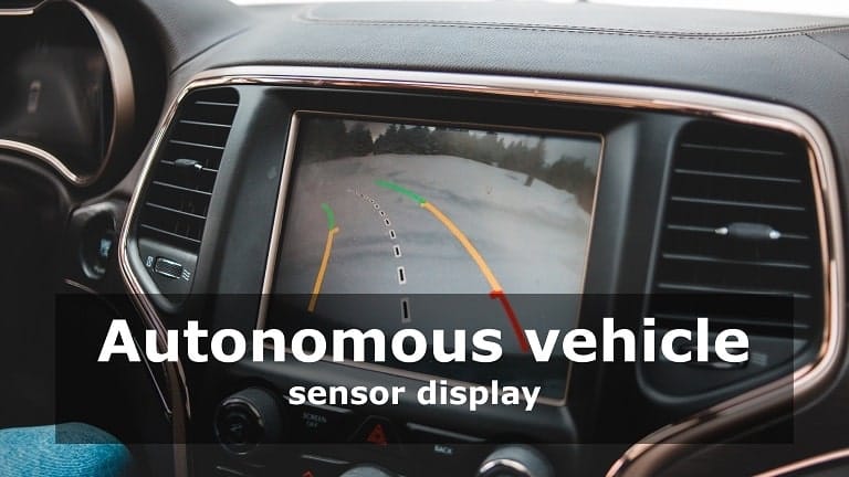 An in-car display screen showing real-time autonomous vehicle sensor data, including lidar, radar, and camera inputs mapping the surrounding environment.