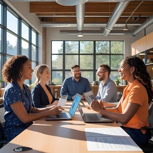 A diverse group of professionals collaborating around a conference table with laptops.