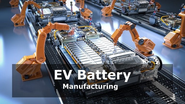 Robotic arms on an automated production line assembling electric vehicle battery packs in a cleanroom facility.