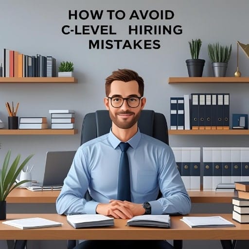 An illustration of a male executive sitting at an office desk, with the title text 'How to Avoid C-Level Hiring Mistakes' displayed above him.