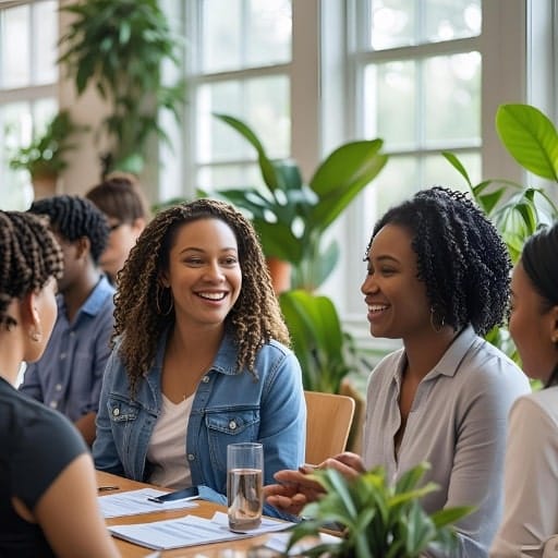 Diverse group of professional women smiling and collaborating around a table in a modern office, representing effective team dynamics and cultural fit beyond just resume qualifications.