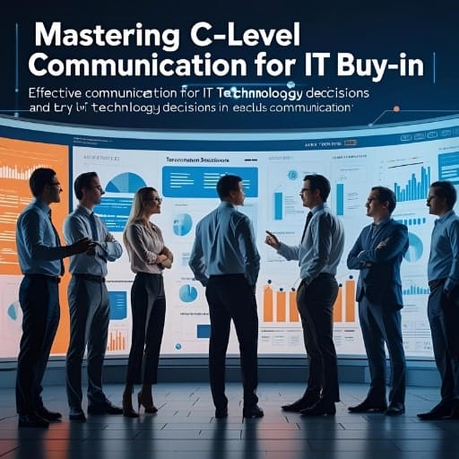 Executives discussing IT strategy in a modern tech-infused meeting room with "Mastering C-Level Communication for IT Buy-in" on screen.
