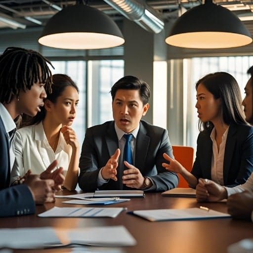 A diverse group of executives in a serious discussion around a conference table.