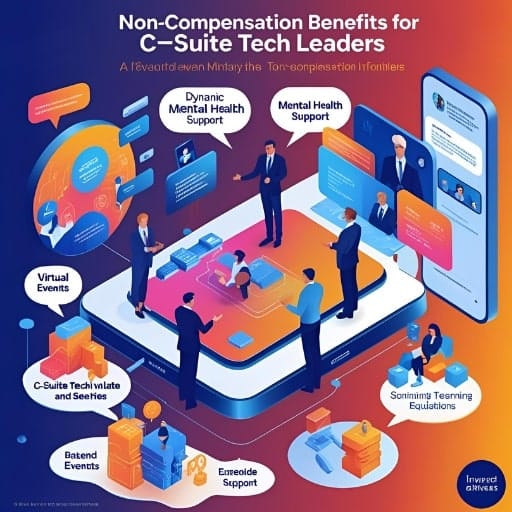 Infographic: Non-Compensation Benefits for C-Suite Tech Leaders, featuring various icons and text highlighting benefits like mental health support, learning opportunities, and flexible work.