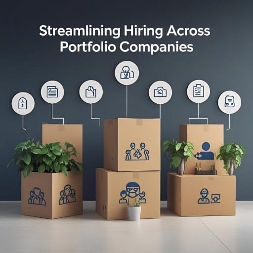 Cardboard boxes representing portfolio companies with icons illustrating different hiring stages.
