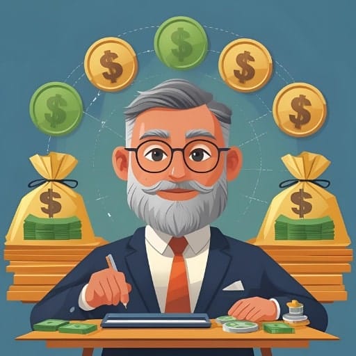 Illustration of a businessman with gray hair and a beard, wearing glasses and a suit, sitting at a desk with stacks of money, bags of cash, and coins with dollar signs floating above. He is holding a pen and appears to be calculating or managing finances. The overall image suggests wealth management, financial planning, or investment strategy.