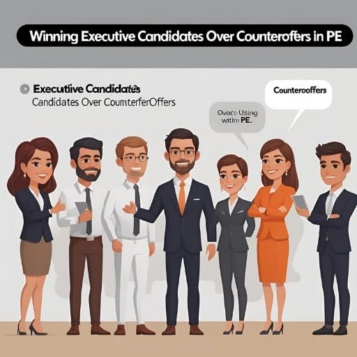 Illustration with the title "Winning Executive Candidates Over Counteroffers in PE." Below the title are figures of executive candidates, some with speech bubbles. One speech bubble above a group of candidates