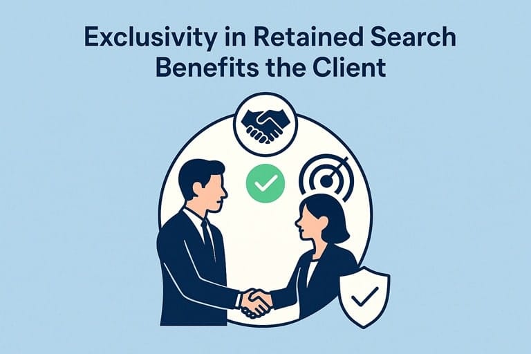 A graphic illustrating the client benefits of exclusivity in retained search. The image shows two professionals shaking hands, surrounded by icons for partnership (handshake), focus (target), and protection (shield).