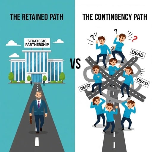 An infographic contrasting two recruitment paths. The "Retained Path" is a clear, straight road to a strategic partnership, while the "Contingency Path" is a tangled, confusing mess of roads.