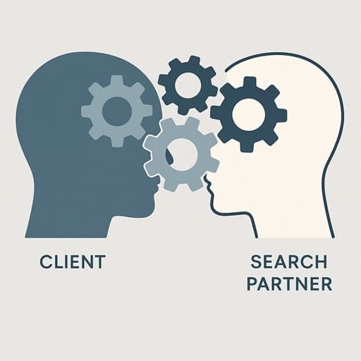 An illustration of two heads representing a client and a search firm, with gears meshing between them to symbolize a candidate calibration call.