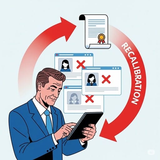 Illustration of a hiring manager providing feedback to recalibrate a job search after rejecting a poor candidate shortlist.