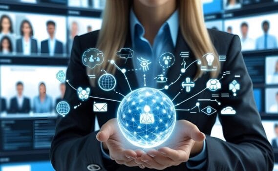 A CEO figure holding a glowing digital sphere or interface, from which symbols of collaboration, innovation, and trust spread out to a remote team shown on multiple screens or digital elements