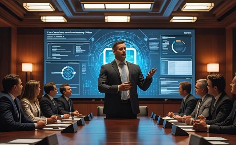 Conceptual image depicting a Chief Information Security Officer (CISO) effectively communicating complex cybersecurity risks and strategies to a corporate board, symbolizing strong CISO communication skills for board reporting and bridging technical and business language.