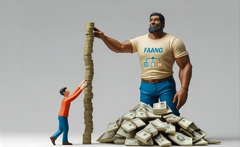A smaller figure (representing a non-FAANG company) trying to reach a high bar or large pile of money, while a giant, easily reaches it. The larger figure could be subtly branded "FAANG" or have icons representing their vast resources.