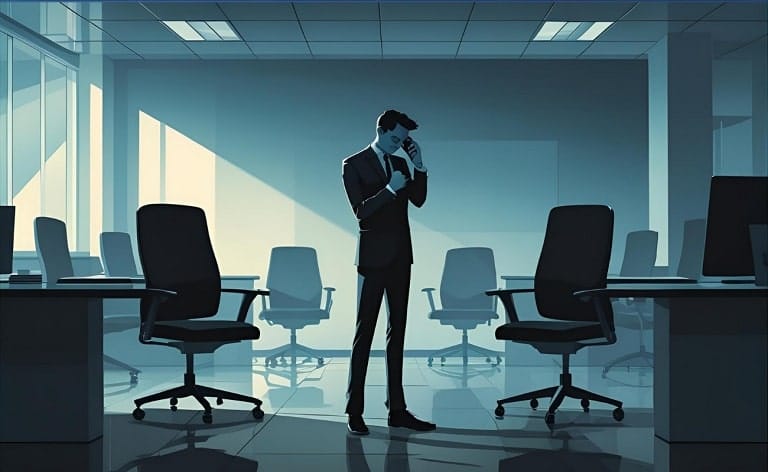 Conceptual image depicting an executive candidate disappearing or ghosting from the hiring process after the final interview stage, symbolizing communication breakdown.
