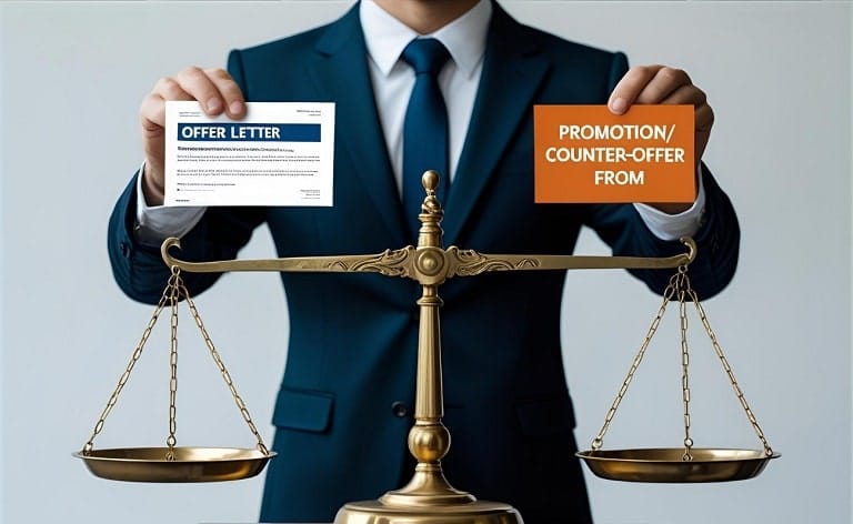 Conceptual image illustrating a top executive candidate using a job offer as leverage for a promotion or counter-offer at their current company, highlighting the challenge of preventing counter offers in executive recruitment and the importance of identifying genuine C-level job search intent.