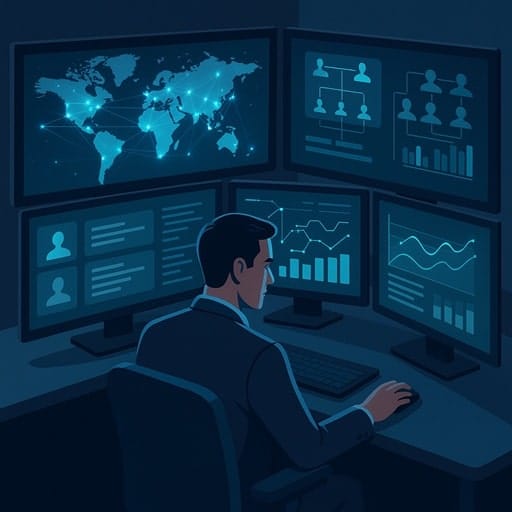 An illustration of a recruiter at a mission control-style dashboard, synthesizing data from multiple screens to identify executive candidates.