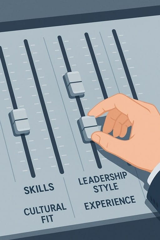 An illustration of a hand adjusting sliders on a mixing board labeled with candidate traits like 'skills' and 'culture,' symbolizing post-interview calibration with a search firm.