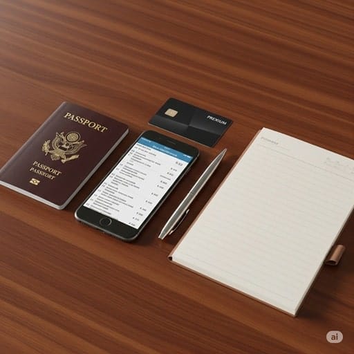 A professional flat lay representing executive search candidate travel expenses, showing a passport, smartphone with a flight itinerary, a pen, and a credit card arranged on a desk.