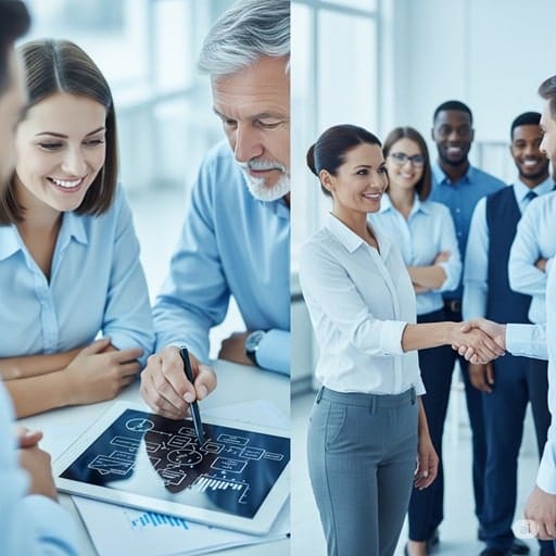 A professional composite image contrasting a deep, one-on-one client strategy session, representing a boutique firm, with a team-backed handshake, representing a global firm.