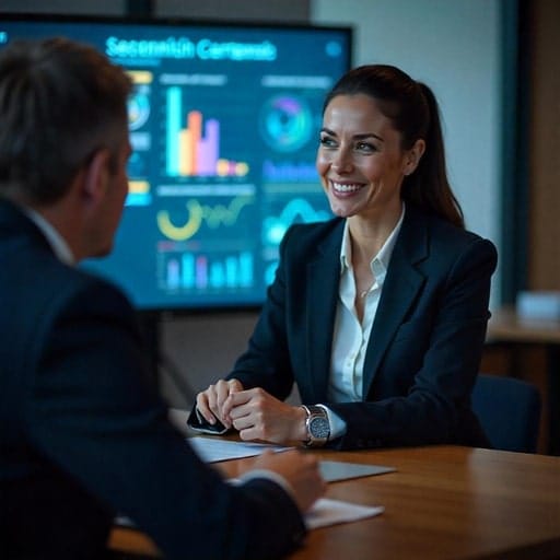 A recruitment consultant presenting a data-filled progress report on a large screen to a client in a meeting.