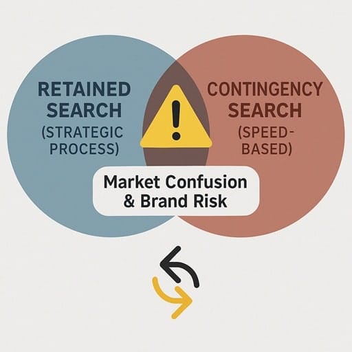 A Venn diagram infographic showing the risks of using retained and contingency search for the same role. The overlapping section is highlighted with a warning icon to symbolize market confusion and brand damage.
