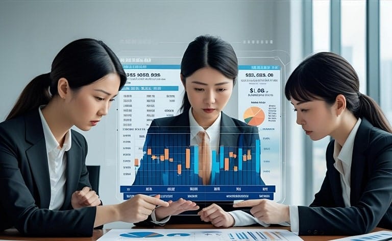 Two or three professionals (representing a PE sponsor, an executive, and perhaps JRG Partners) at a table, intensely discussing a complex document or digital display that shows charts, numbers, and equity percentages, emphasizing negotiation and agreement.
