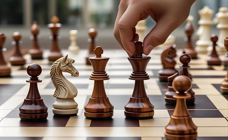 A close-up of a chess board with pieces representing the candidate, the PE firm, and the current employer, showing a strategic move that wins the candidate.