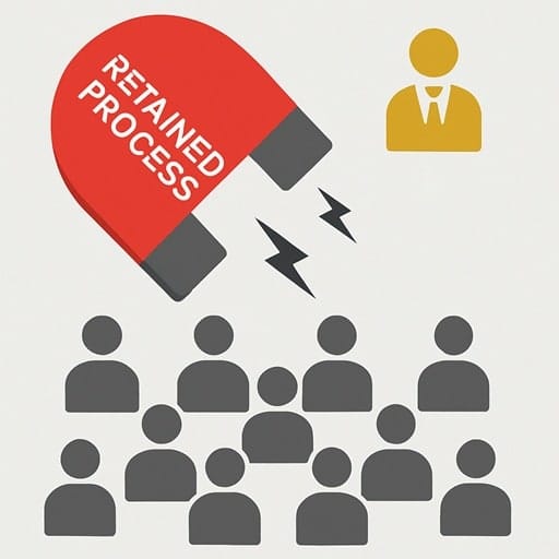 An icon showing a large magnet labeled "Retained Process" attracting a top-tier executive candidate away from a crowd, symbolizing how the retained model attracts a higher caliber of talent.