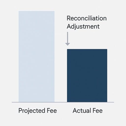 A bar chart illustrating a retained search fee reconciliation, showing a taller bar for the 'Projected Fee' and a shorter bar for the 'Actual Fee' to represent a downward fee adjustment.