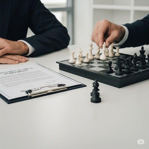 A hand making a strategic move on a chess board next to a signed retained search agreement, symbolizing the decision to fill a role with an internal candidate.