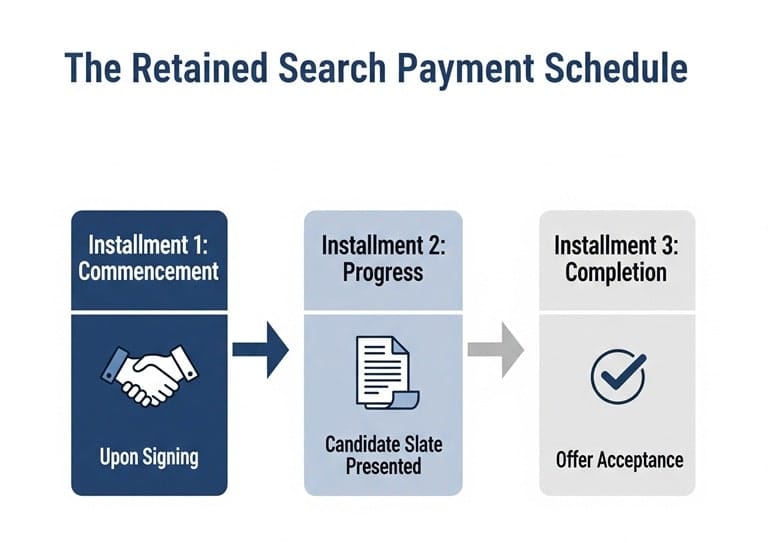 An infographic showing the 3-installment retained search payment schedule: Installment 1 is for commencement upon signing, Installment 2 is for progress upon presenting candidates, and Installment 3 is for completion upon offer acceptance.