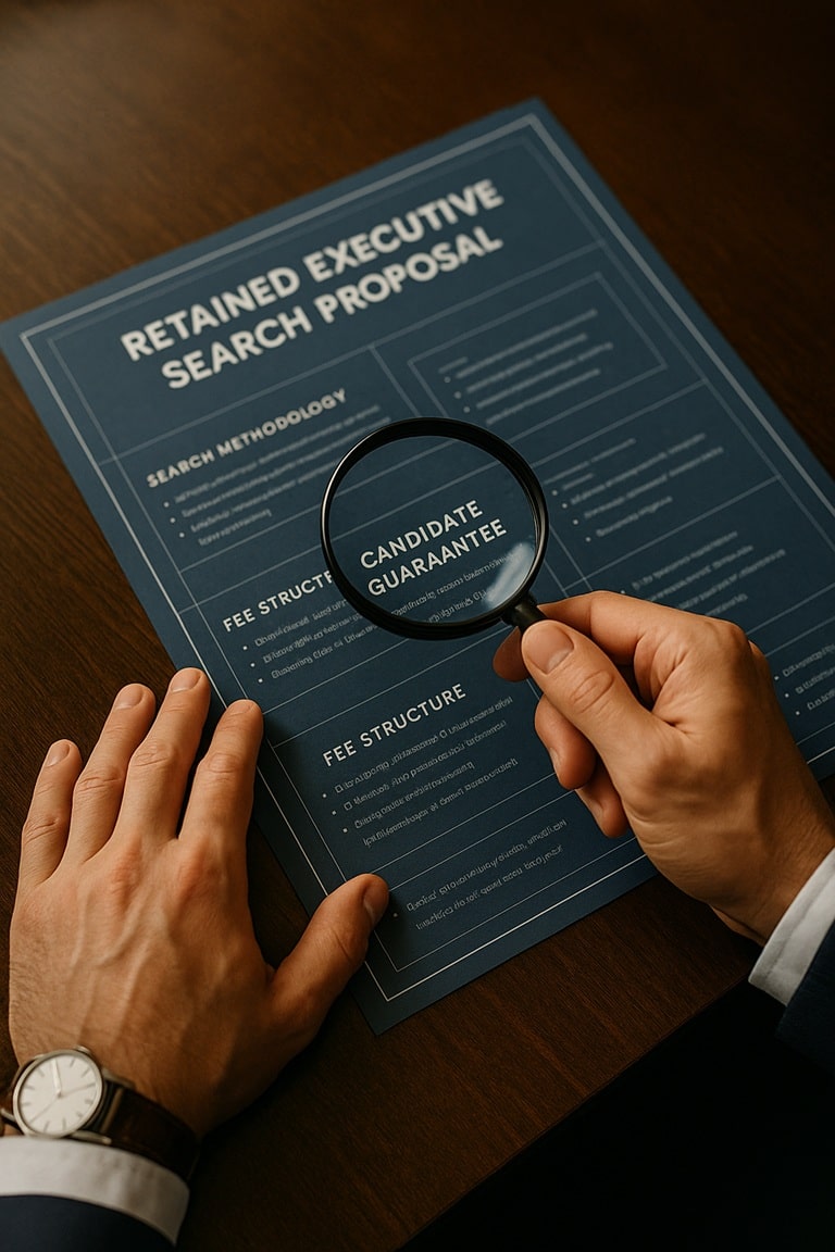A close-up photo of a person in professional attire using a magnifying glass to examine the 'Candidate Guarantee' section of a retained search proposal.