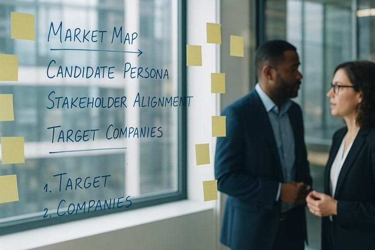 Two professionals in a strategy session, viewing a whiteboard covered in notes that outlines the strategic work funded by a retained search retainer.