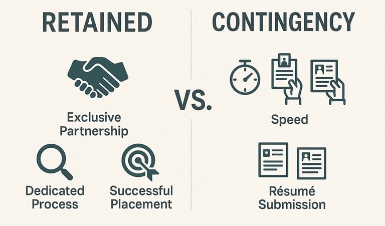 A split-image graphic comparing the financial models of retained search, shown as a strategic handshake, versus contingency search, shown as multiple arrows racing to a finish line.