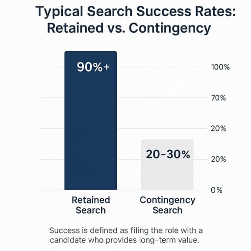 A bar chart comparing the typical success rates of retained versus contingency search. The bar for "Retained Search" is shown at over 90%, while the bar for "Contingency Search" is significantly lower, shown at 20-30%.