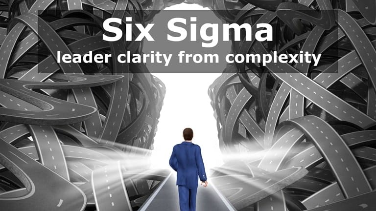 A business leader in a suit walks on a straight, clear road that cuts through a chaotic tangle of complex, winding roads, symbolizing the clarity a Six Sigma leader provides.
