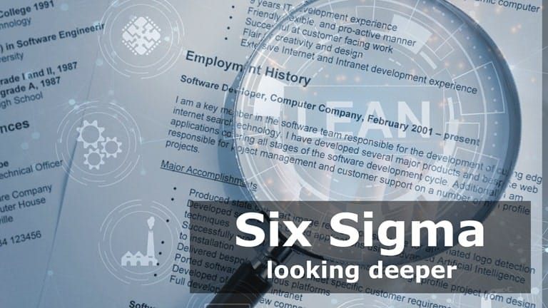 A magnifying glass examining a resume, symbolizing the need to assess a Six Sigma candidate's practical skills beyond their certification.