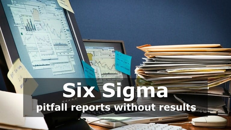A cluttered office desk buried under stacks of binders, dense charts, and piles of reports, symbolizing the wasted effort of a Six Sigma process that produces documentation without tangible business results.