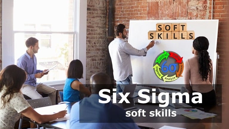A Six Sigma leader facilitating a discussion with a diverse team, highlighting the importance of soft skills like communication and leadership in process improvement.