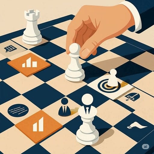 An illustration of a strategic chessboard with pieces representing key executives and competitor companies, symbolizing the use of a talent market map in retained search.