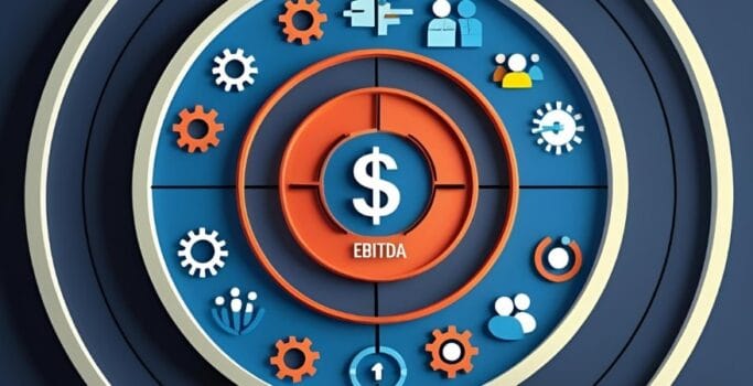 A sleek bullseye target where the innermost ring is clearly labeled "EBITDA" (or a dollar sign), but the subsequent, larger, and more dynamic rings are filled with icons or abstract representations of other critical KPIs (e.g., gears for process, people silhouettes for team, microchips for tech).