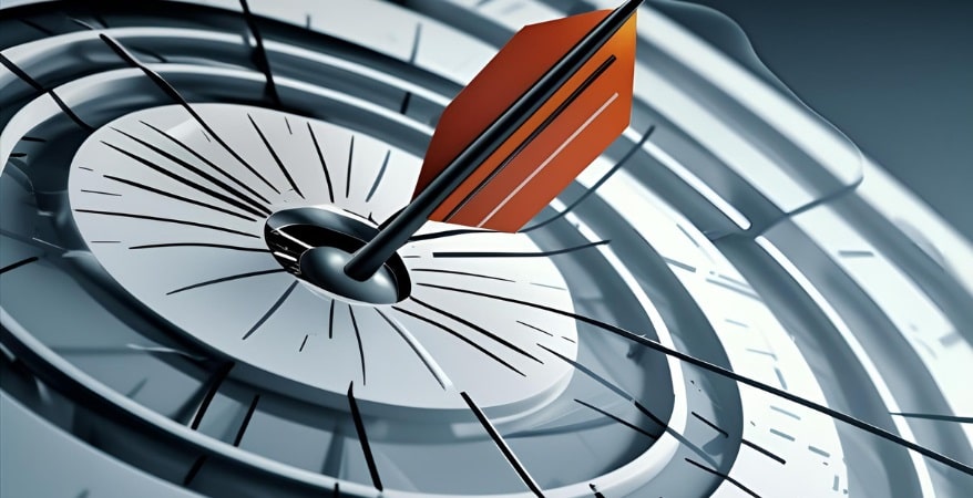 A dynamic image of a moving arrow or dart hitting a target, with subtle, precise grid lines or data points beneath it.