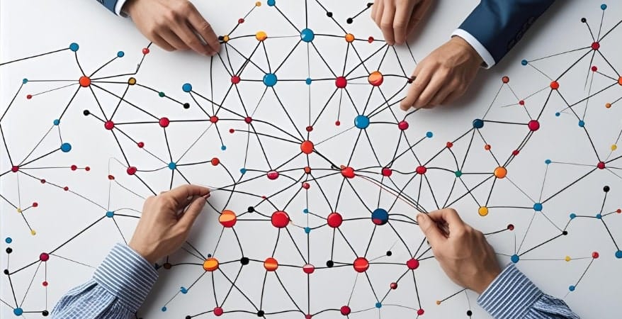 Abstract lines connecting various scattered points to form a cohesive pattern, or hands assembling complex puzzle pieces. This symbolizes synthesizing information and creating a strategy.