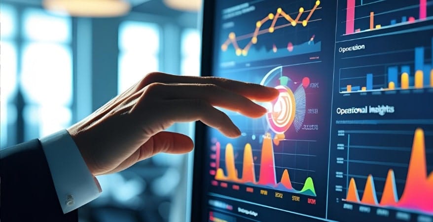 A professional hand interacting with a real-time, sophisticated digital dashboard showing key operational metrics and insights.