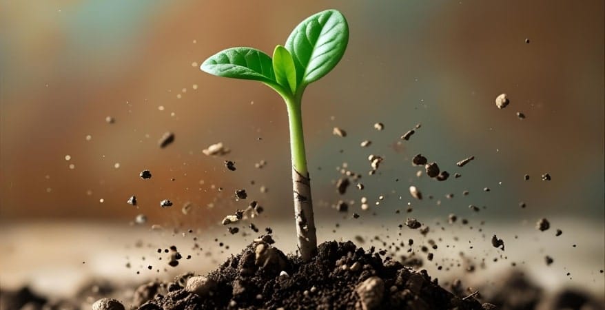 A vibrant new seedling pushing through fresh soil, or a hand planting a new, distinct seed in a prepared bed, symbolizing new ideas and growth.