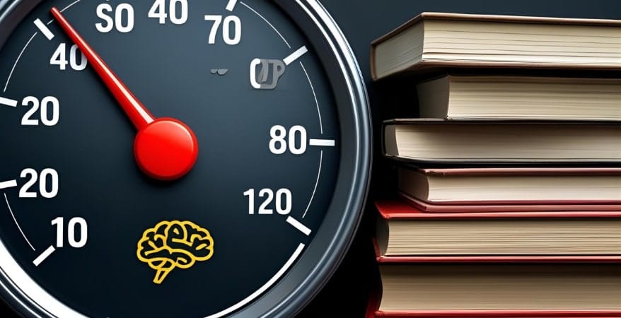 A speedometer with the needle firmly in the "fast" zone, combined with a subtle brain icon or a stack of quickly absorbed books.