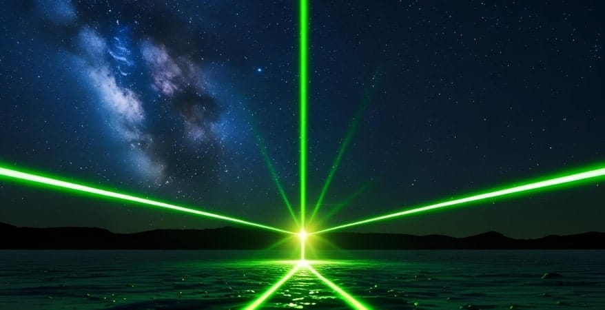 A straight, illuminated path or a laser beam pointing directly towards a distant, clear target.